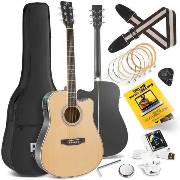 41” Inch 6-String Electric Acoustic Guitar - Guitar with Digital Tuner & Accessory Kit (Nature color, Pyle, Mfr#: PEAG99